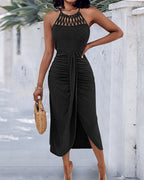 Textured Criss Cross Halter Knit Dress with Front Slit