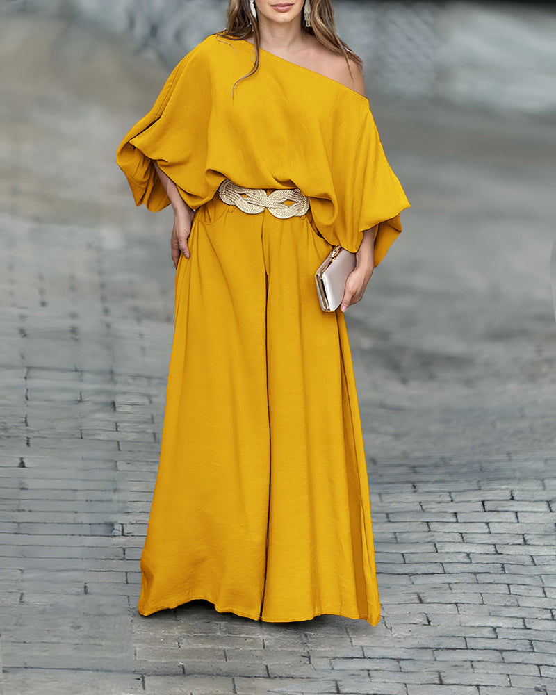 LA FINE FLEUR Skew Neck Lantern Sleeve Blouse with matching Wide Leg Pants set.