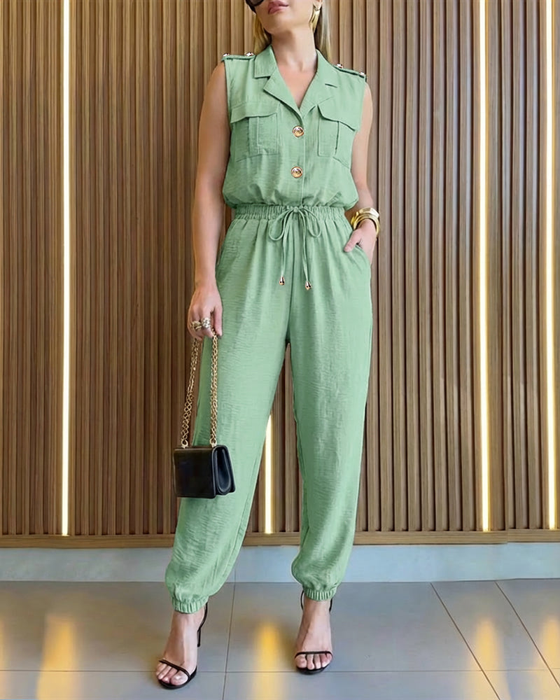 Sleeveless notched collar jumpsuit with drawstring waist and flap pockets in a tailored style.
