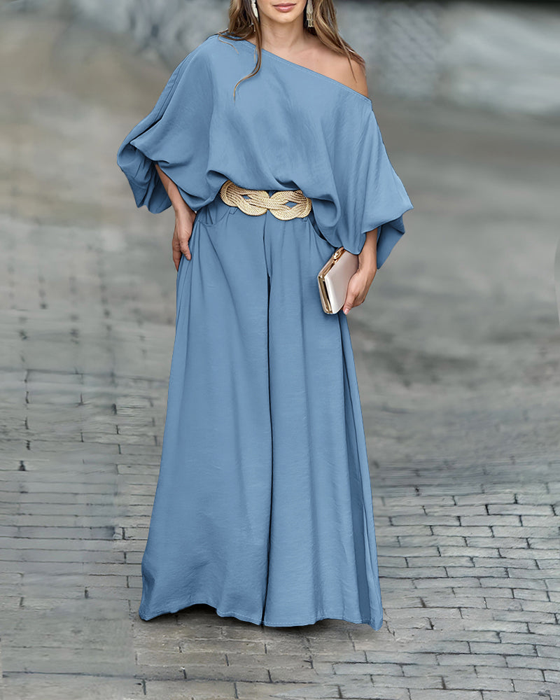 Blue LA FINE FLEUR Skew Neck Lantern Sleeve Blouse and Wide Leg Pants Set.