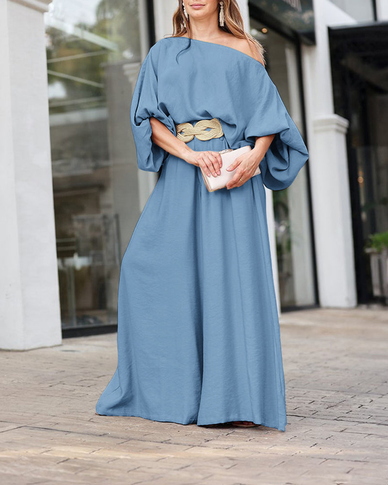 LA FINE FLEUR Skew Neck Lantern Sleeve Blouse paired with matching Wide Leg Pants.