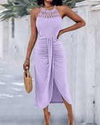 Textured Criss Cross Halter Knit Dress with Front Slit