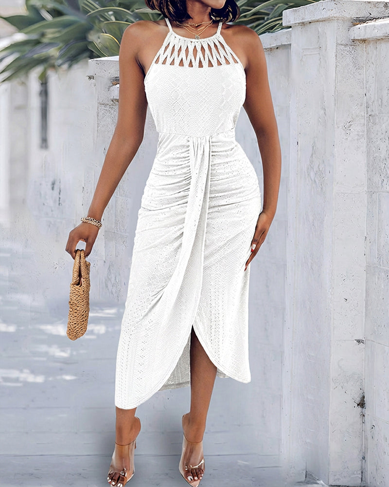 Textured Criss Cross Halter Knit Dress with Front Slit