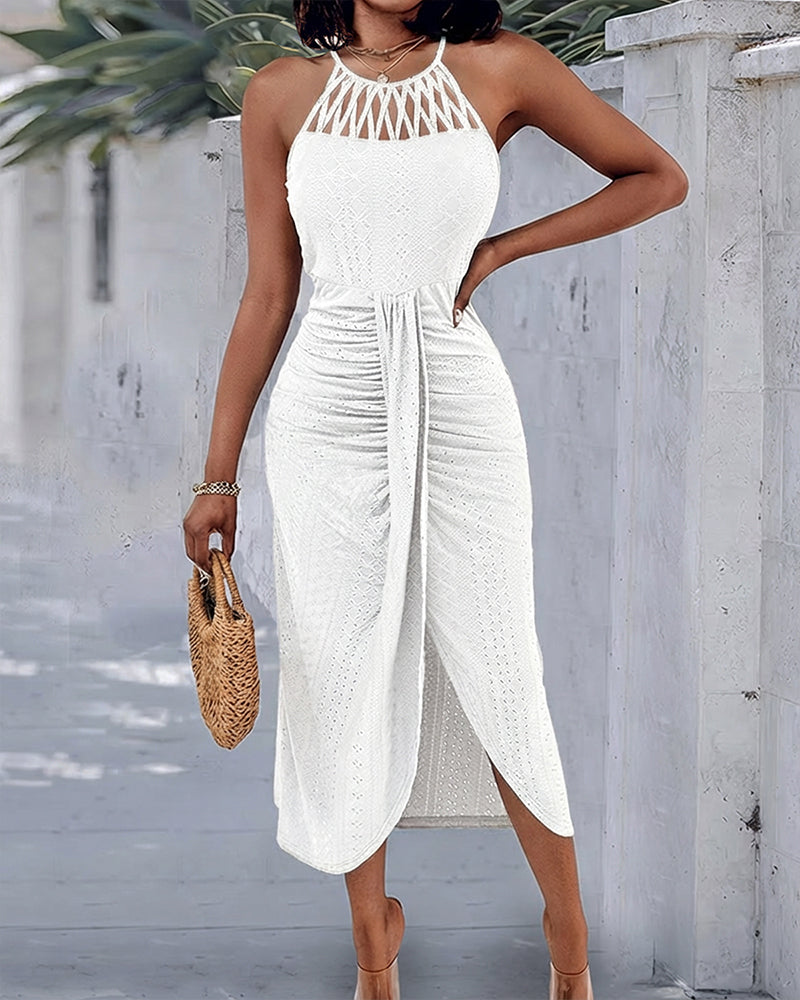 Textured Criss Cross Halter Knit Dress with Front Slit