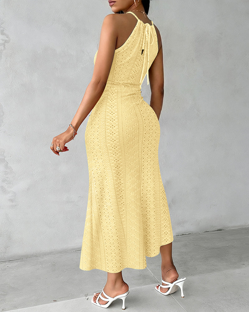 Textured Criss Cross Halter Knit Dress with Front Slit
